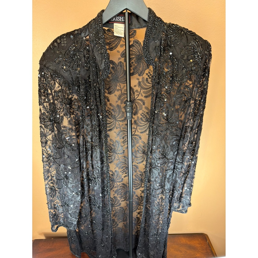 Krishna Vintage Black Lace Beaded Sequin Duster Cardigan Evening Jacket Large